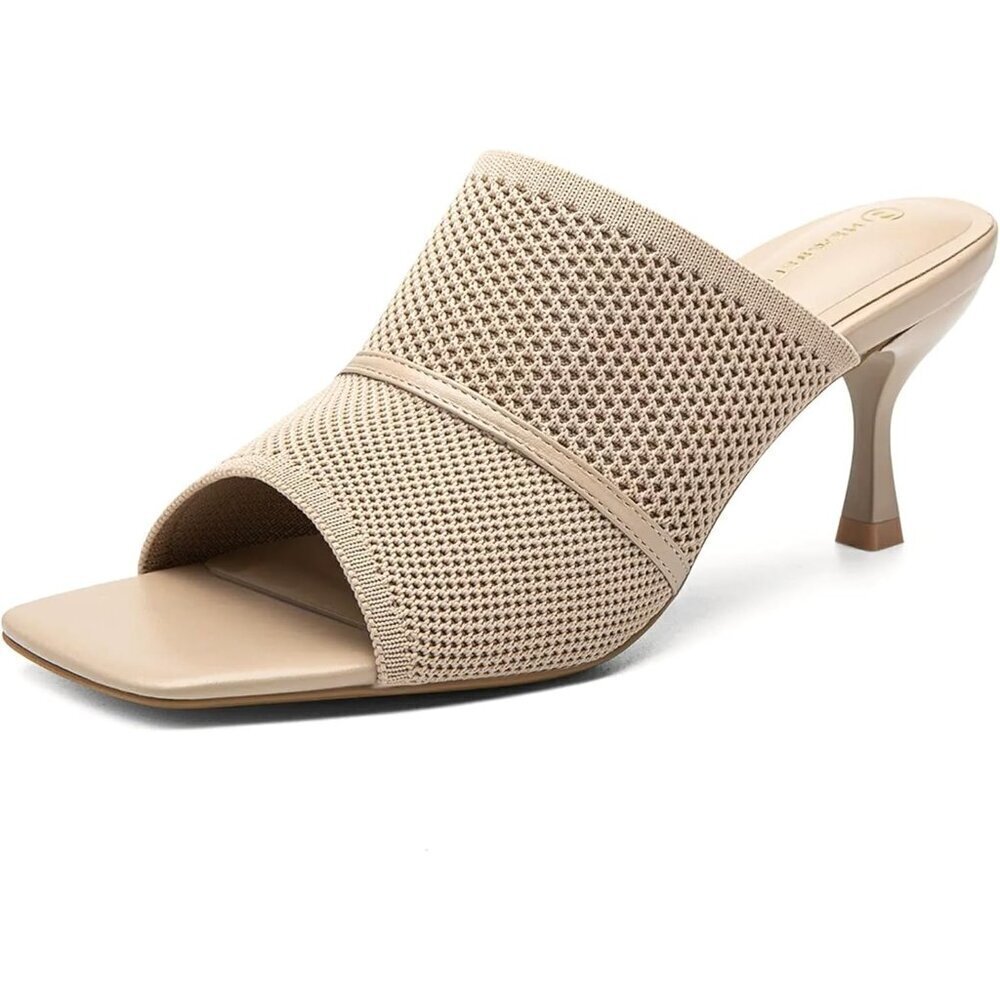 Women's Apricot Mesh Square Open Toe Commute Slip On Stiletto Heeled Slides